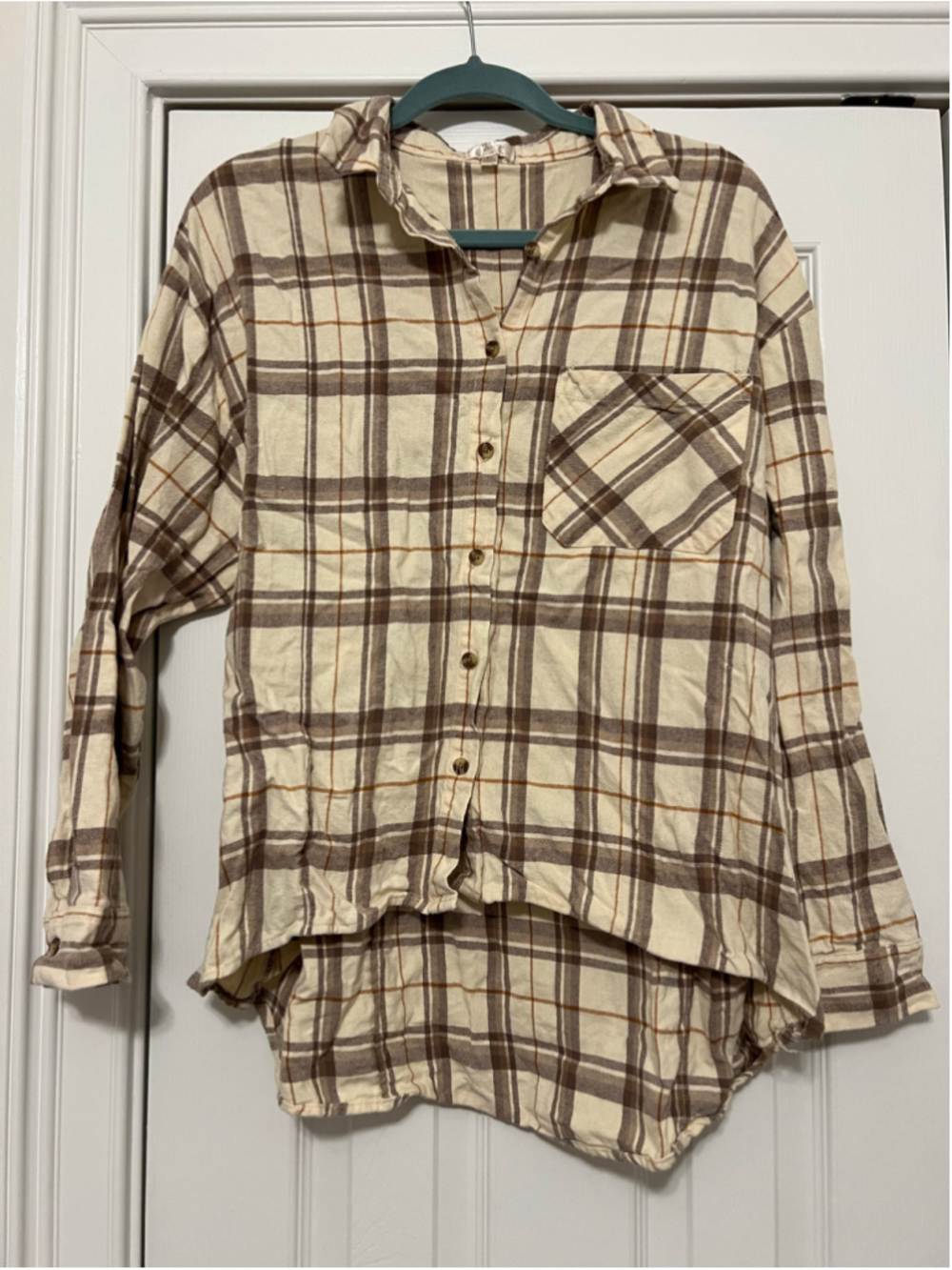 Women's Dizzy Lizzy Plaid Flannel Button Down Shirt High Low XL Beige Brown